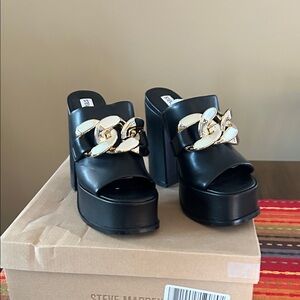 Steve Madden Black Mules with Gold Chain Detail